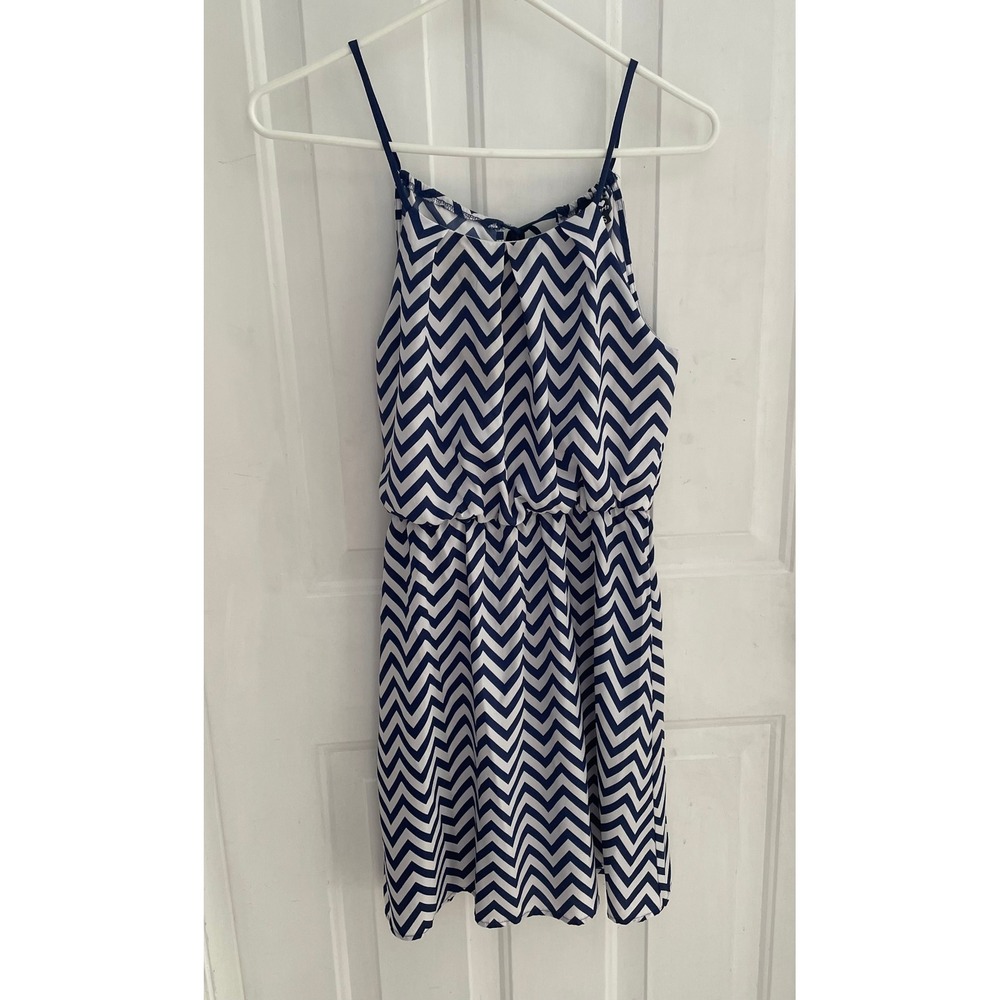 Sequin Hearts Navy Blue White Chevron Mini Dress Small Keyhole Back Sleeveless